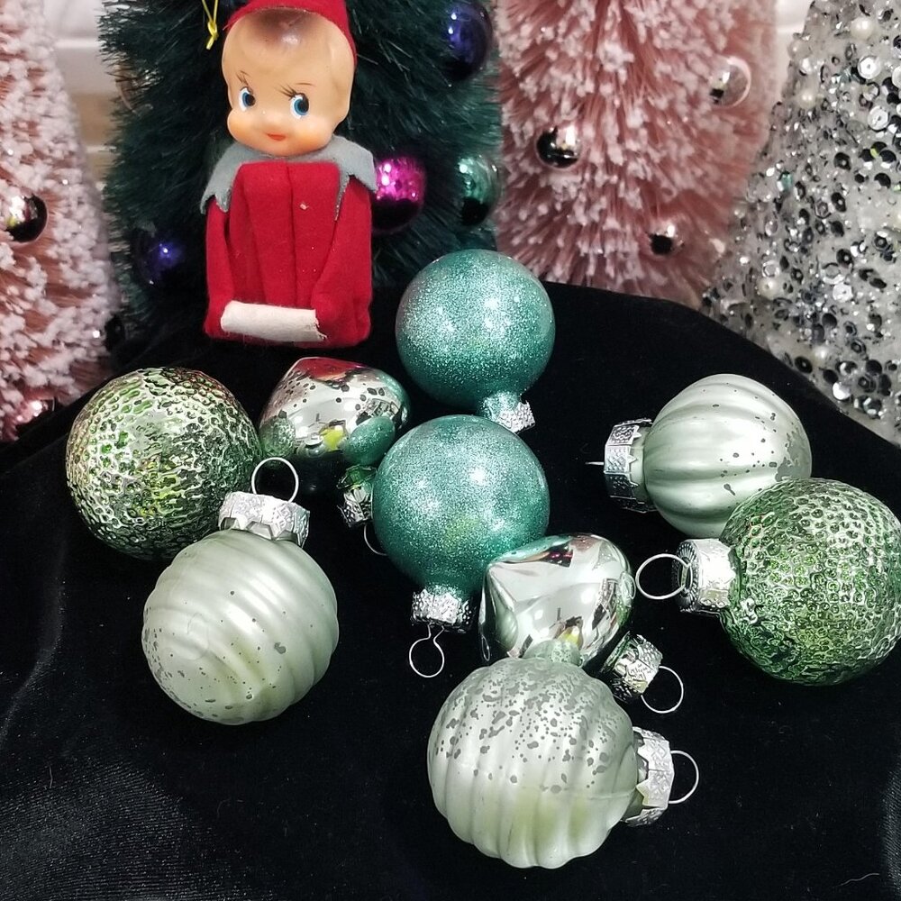 9 Blue Green Glass Feather Christmas Tree Ornaments Pastel Mint Teardrop Mercury